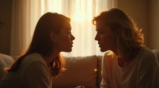 Deux personnes en connexion émotionnelle, se regardant avec tendresse et honnêteté, symbole de l'amour réciproque.