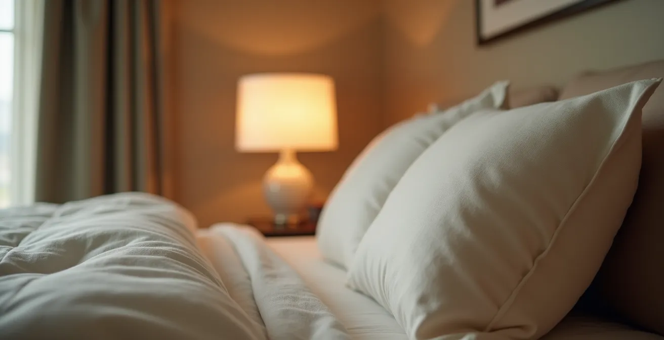 Une chambre à coucher minimaliste et épurée baignée d'une lumière douce et tamisée, créant une atmosphère propice à l'intimité et à la détente du couple.