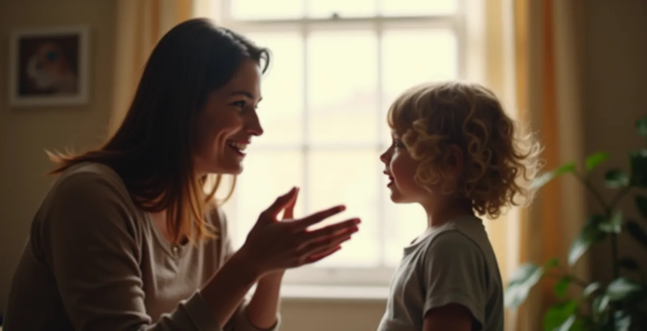 Scène de communication parent-enfant : deux silhouettes floues dialoguant naturellement, lumière environnementale douce, pas d'objets, surfaces neutres