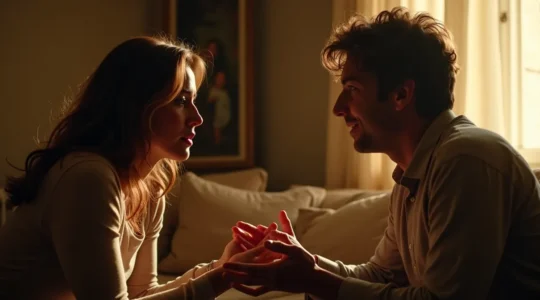 Deux personnes en conversation bienveillante, assis face à face, écoutant attentivement et communiquant avec authenticité