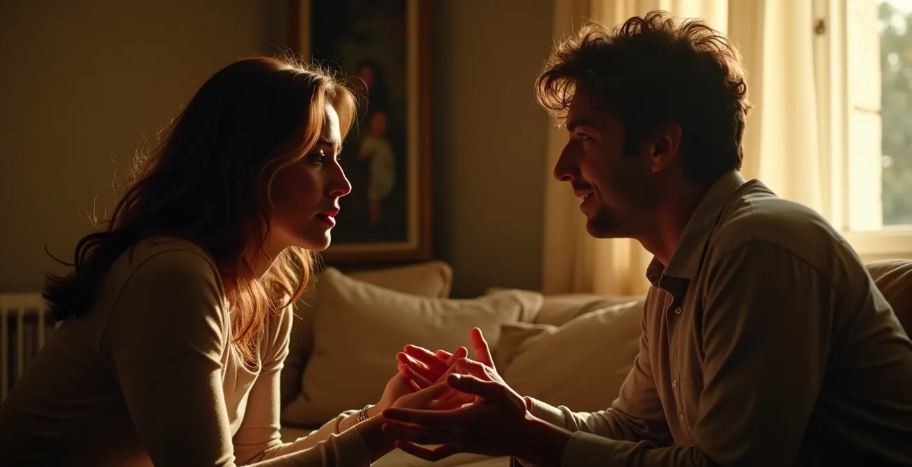 Deux personnes en conversation bienveillante, assis face à face, écoutant attentivement et communiquant avec authenticité