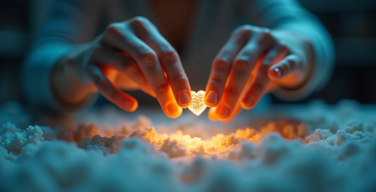 Métaphore visuelle d'un compte en banque émotionnel avec des symboles de dépôts (cœurs, gestes tendres) et retraits (tensions, critiques).