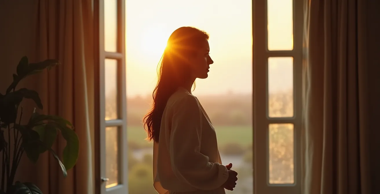 Femme en posture d'assurance face à un carrefour de possibilités, symbolisant la confiance et la décision d'agir chaque jour
