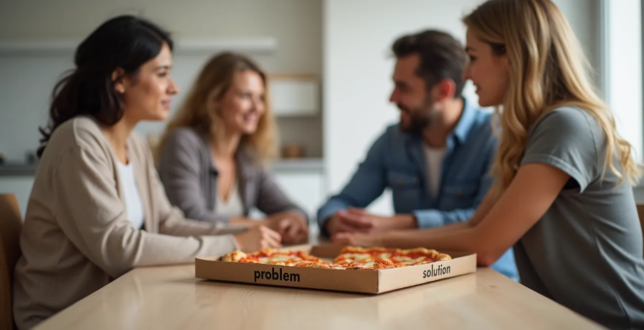 Une scène symbolique montrant une famille française autour d’une table avec un tableau illustrant le système 'Pizza-Problème-Plan'.