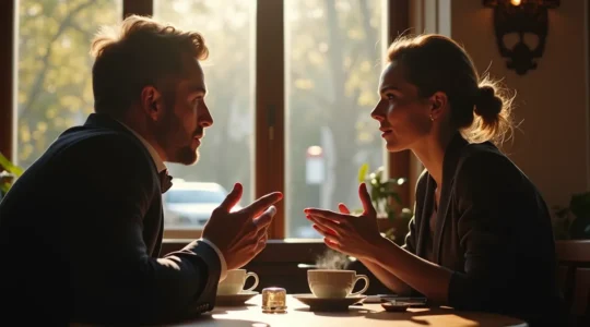 Deux personnes en conversation attentive dans un cadre français élégant, incarnant l'écoute et la connexion humaine.