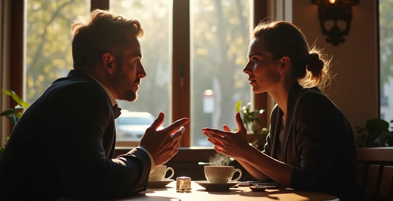 Deux personnes en conversation attentive dans un cadre français élégant, incarnant l'écoute et la connexion humaine.