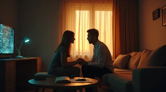 Couple dans un moment de tension, l'un pensif devant un ordinateur, l'autre en arrière-plan frustré, illustrant le conflit entre vie professionnelle et amoureuse.