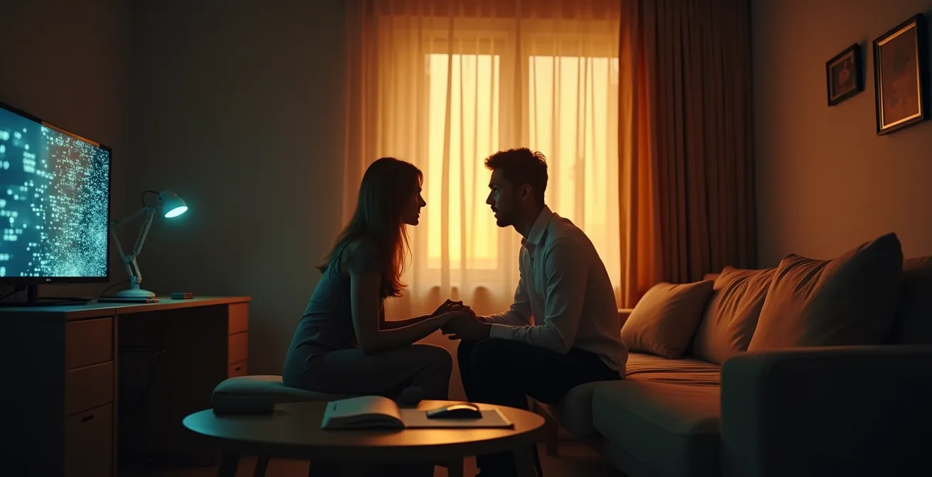 Couple dans un moment de tension, l'un pensif devant un ordinateur, l'autre en arrière-plan frustré, illustrant le conflit entre vie professionnelle et amoureuse.