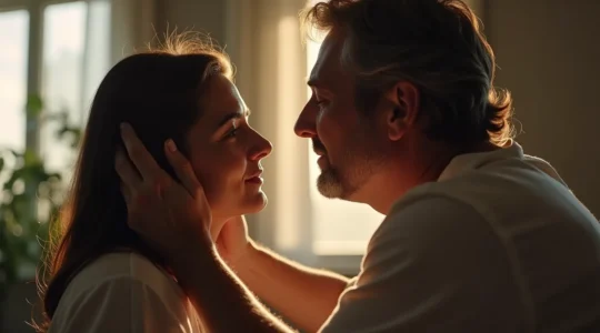 Deux partenaires face à face dans un moment d'intimité et de connexion émotionnelle profonde, dans un espace de lumière douce et calme.