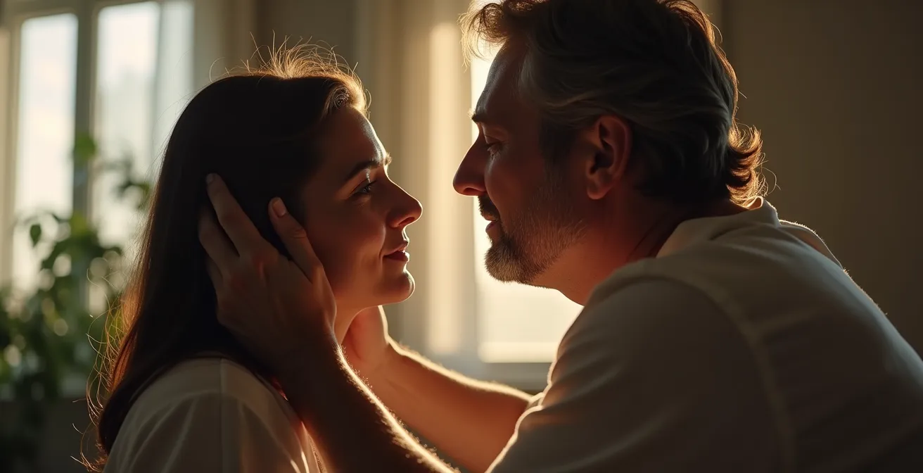 Deux partenaires face à face dans un moment d'intimité et de connexion émotionnelle profonde, dans un espace de lumière douce et calme.