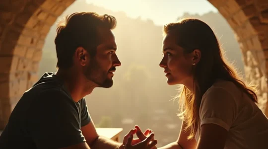 Deux personnes face à face dans un espace lumineux et minimaliste, établissant un dialogue bienveillant et constructif.