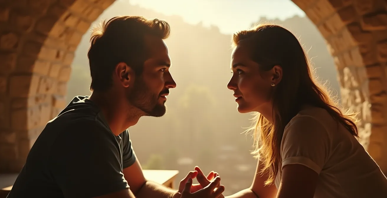 Deux personnes face à face dans un espace lumineux et minimaliste, établissant un dialogue bienveillant et constructif.