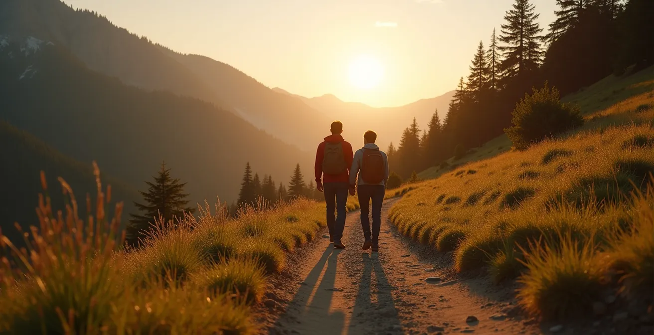 Deux personnes randonnent ensemble sur un sentier montagneux français au coucher du soleil, partageant un moment de complicité et d'aventure en pleine nature.
