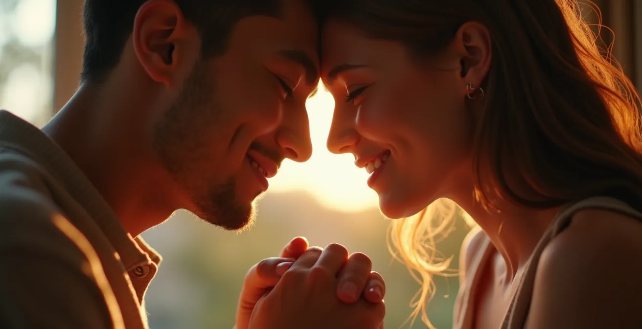 Deux personnes partageant des rituels quotidiens intimes—un geste tendre, un regard complice—symbolisant l'entretien constant de la flamme amoureuse.