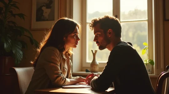 Illustration éditorial d'un couple mûr assis ensemble dans un environnement français typique, partageant un moment d'intimité émotionnelle et de discussion authentique.