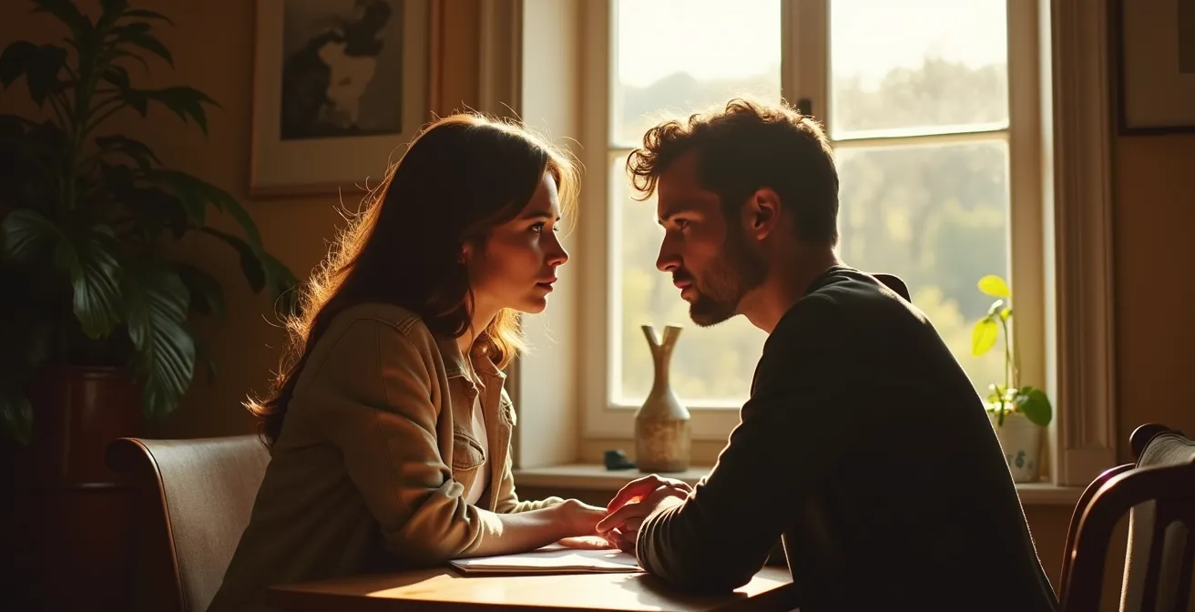 Illustration éditorial d'un couple mûr assis ensemble dans un environnement français typique, partageant un moment d'intimité émotionnelle et de discussion authentique.