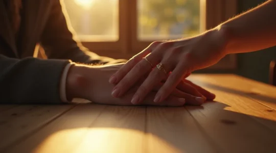 Deux mains se touchent délicatement sur une table, symbole de connexion émotionnelle et d'intimité dans un couple moderne