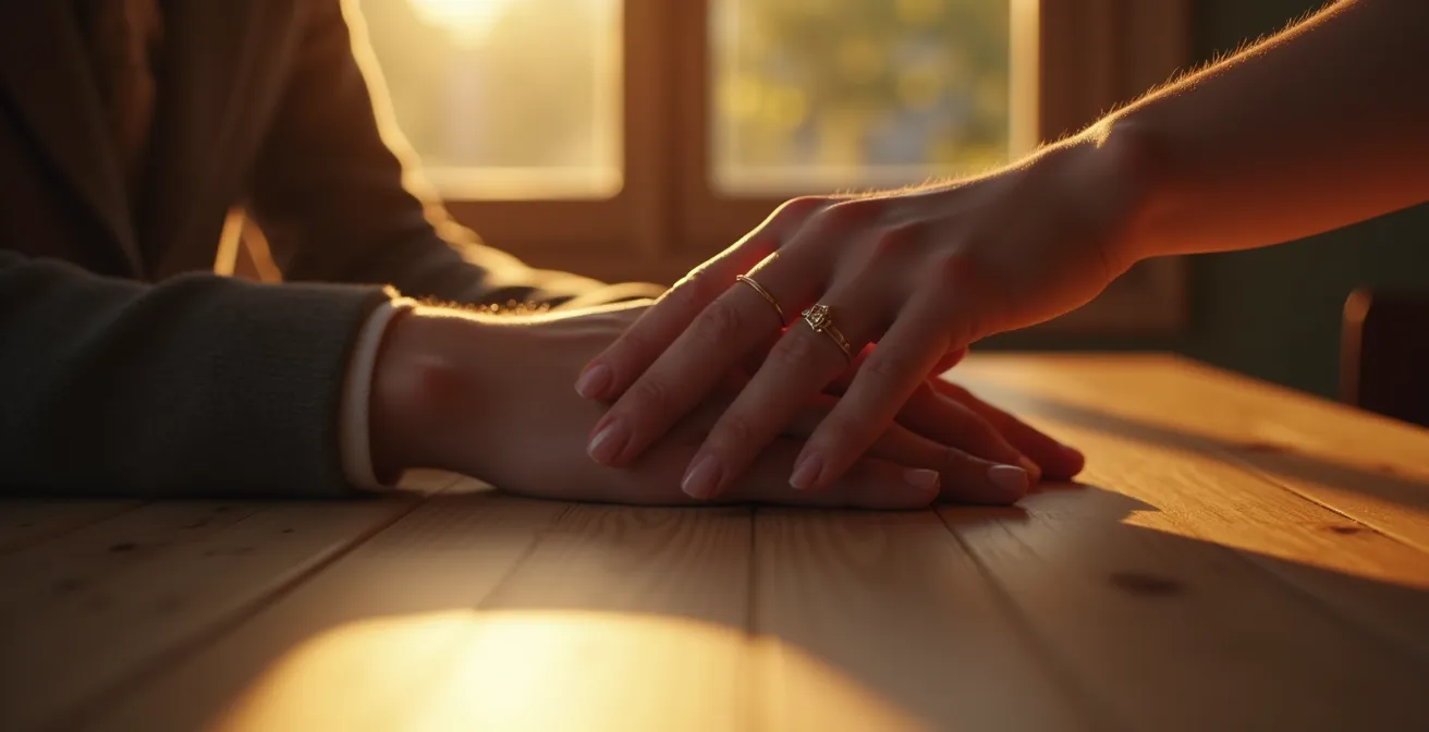 Deux mains se touchent délicatement sur une table, symbole de connexion émotionnelle et d'intimité dans un couple moderne