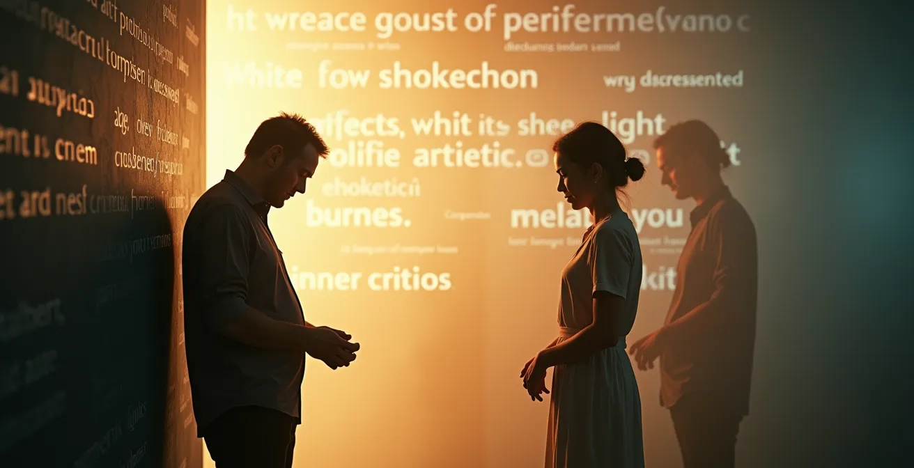 Silhouette d'une personne avec des pensées négatives se transformant progressivement en confiance intérieure à travers l'humour et l'autodérision