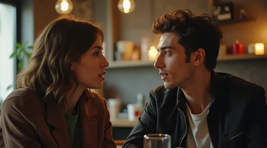 Deux personnes en conversation authentique dans un cadre urbain français, échangeant avec regard mutuel bienveillant et écoute active