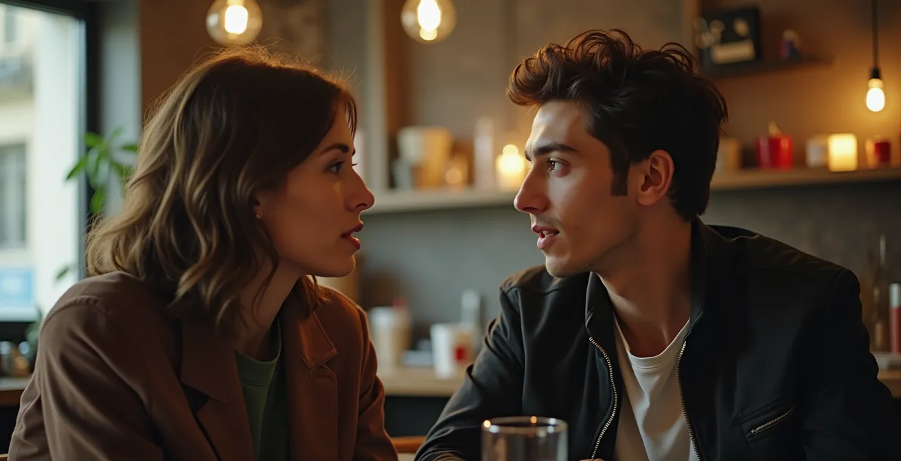 Deux personnes en conversation authentique dans un cadre urbain français, échangeant avec regard mutuel bienveillant et écoute active