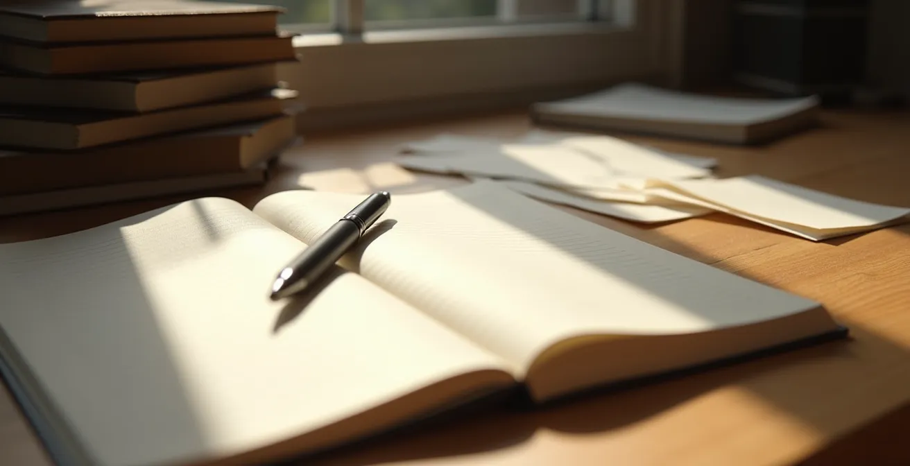 Bureau minimaliste avec ustensile d'écriture et cahier, lumière douce de fenêtre, suggérant la création dans la solitude.