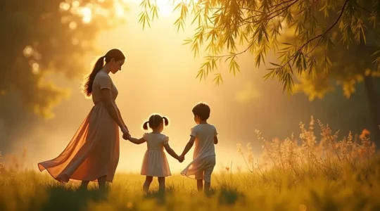 Une famille dans un jardin d'automne, figure humaine gracieuse se courbant et fléchissant sans se briser, imitant la flexibilité du bambou face aux vents