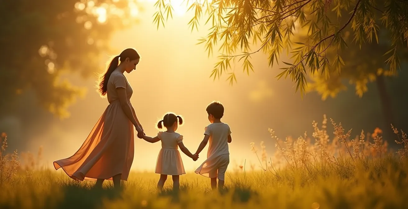 Une famille dans un jardin d'automne, figure humaine gracieuse se courbant et fléchissant sans se briser, imitant la flexibilité du bambou face aux vents