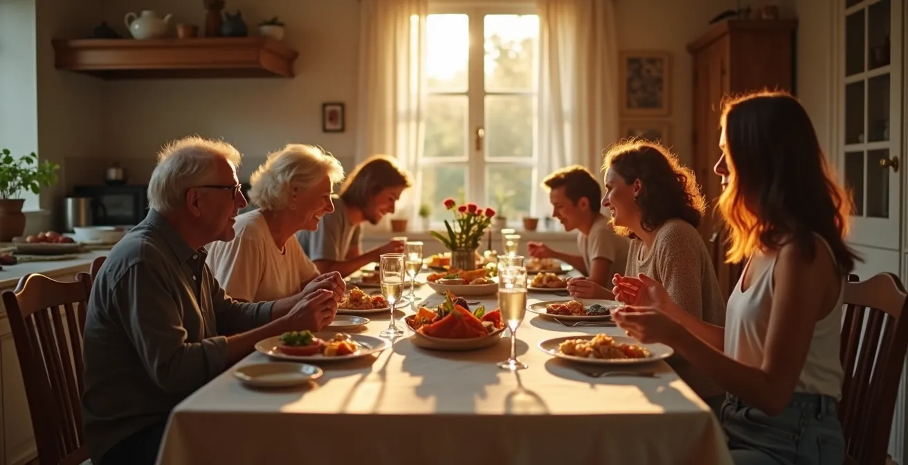 Une famille de quatre générations réunie autour d'une table à manger, partageant un repas chaleureux, chacun engagé dans la conversation et l'entraide.