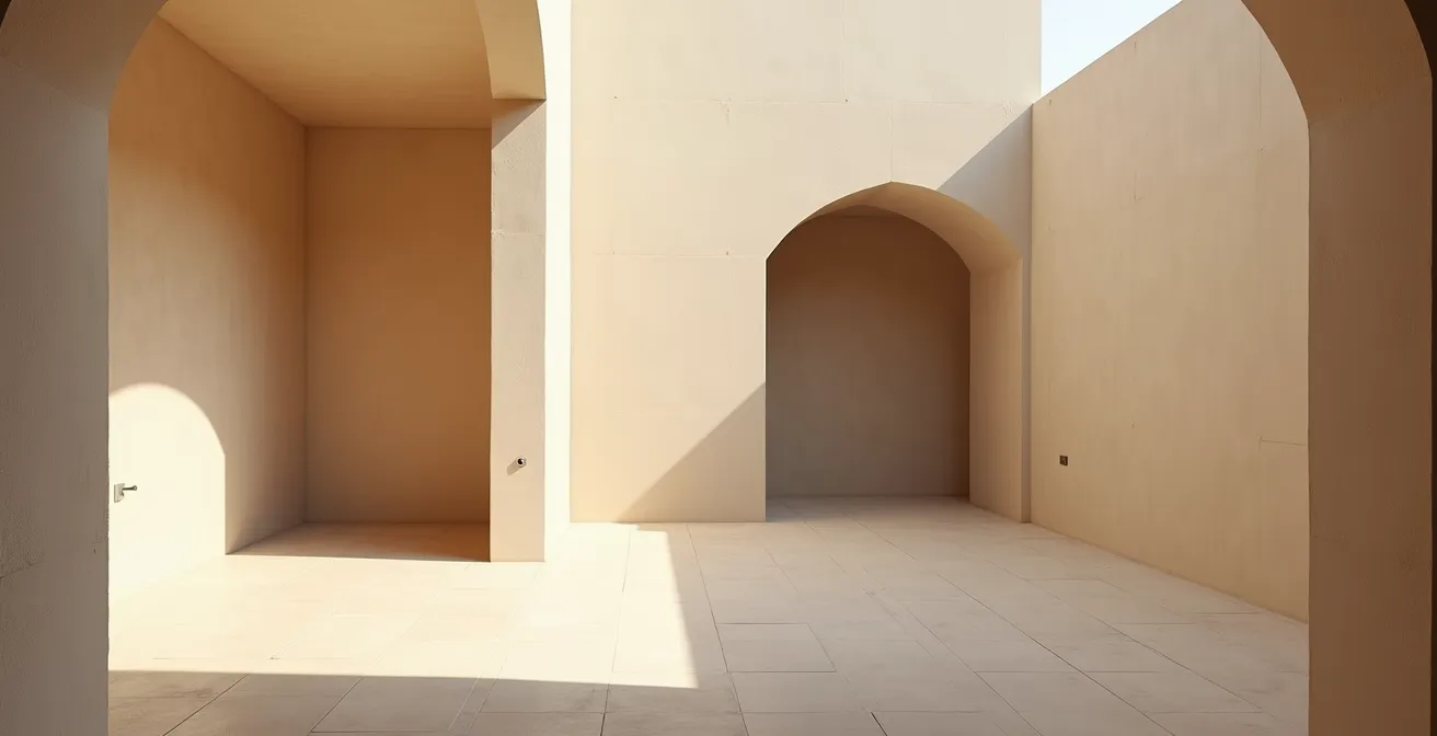 Une métaphore visuelle d’une forteresse minimaliste avec textures naturelles et lumière douce symbolisant la confiance familiale solide.