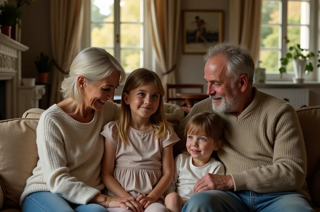 Une famille française réunie dans un salon chaleureux, avec une décoration évoquant un intérieur typique français, lumière douce naturelle, ambiance conviviale.