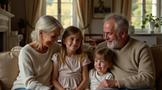 Une famille française réunie dans un salon chaleureux, avec une décoration évoquant un intérieur typique français, lumière douce naturelle, ambiance conviviale.