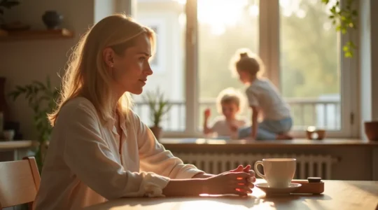 Image éditorial représentant une mère sereine au centre d'une composition équilibrée, entourée de symboles de vie familiale harmonieuse sans texte visible, style magazine haut-de-gamme