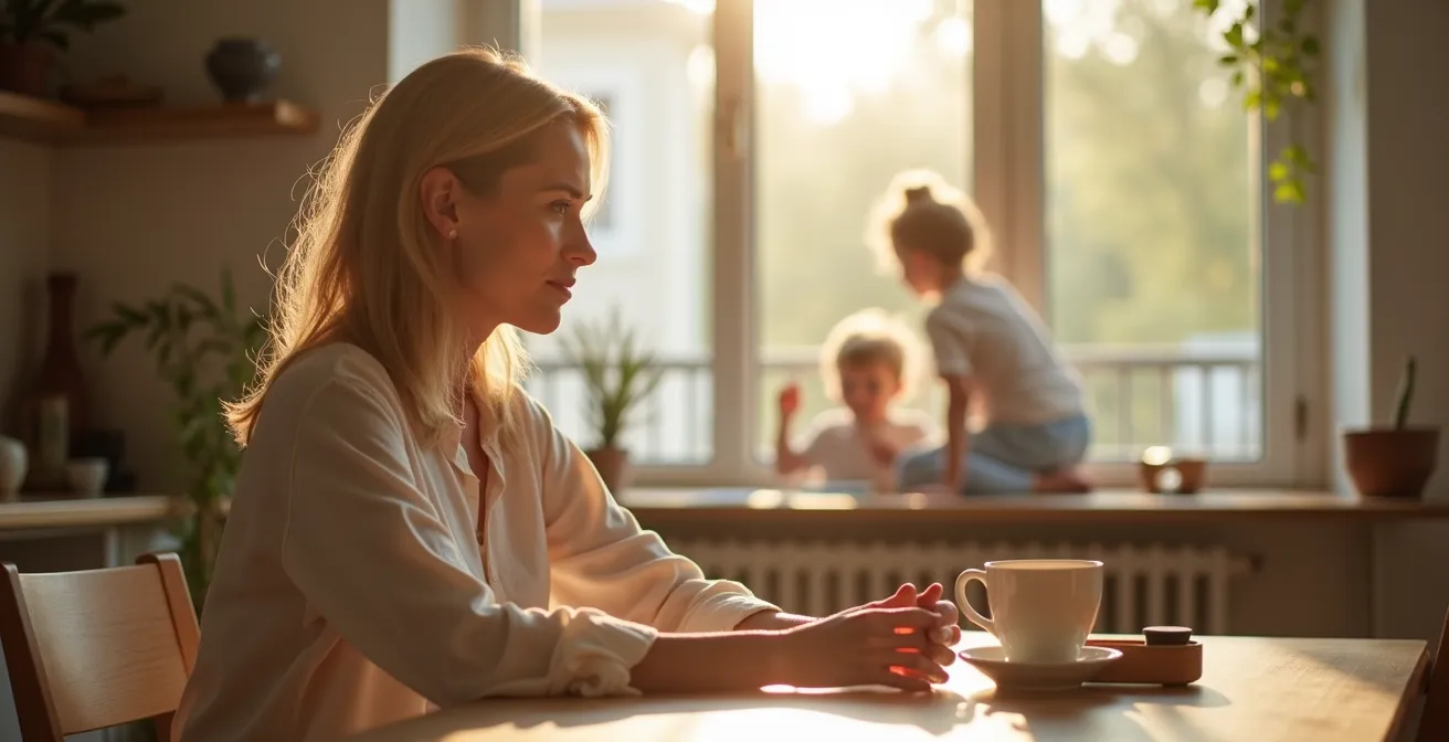 Image éditorial représentant une mère sereine au centre d'une composition équilibrée, entourée de symboles de vie familiale harmonieuse sans texte visible, style magazine haut-de-gamme