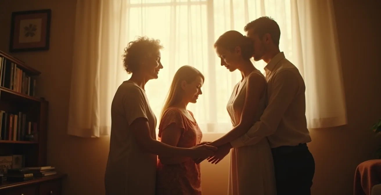 Représentation visuelle de trois générations de couples superposées en transparence, montrant la transmission silencieuse des modèles relationnels familiaux.