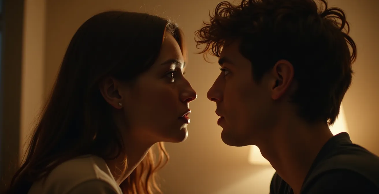 Deux silhouettes en face-à-face se regardant intensément, symbole de vulnérabilité partagée et d'ouverture émotionnelle