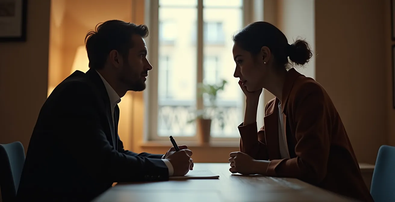 Illustration éditoriale montrant un professionnel du coaching amoureux guidant son client dans un cadre chic et minimaliste