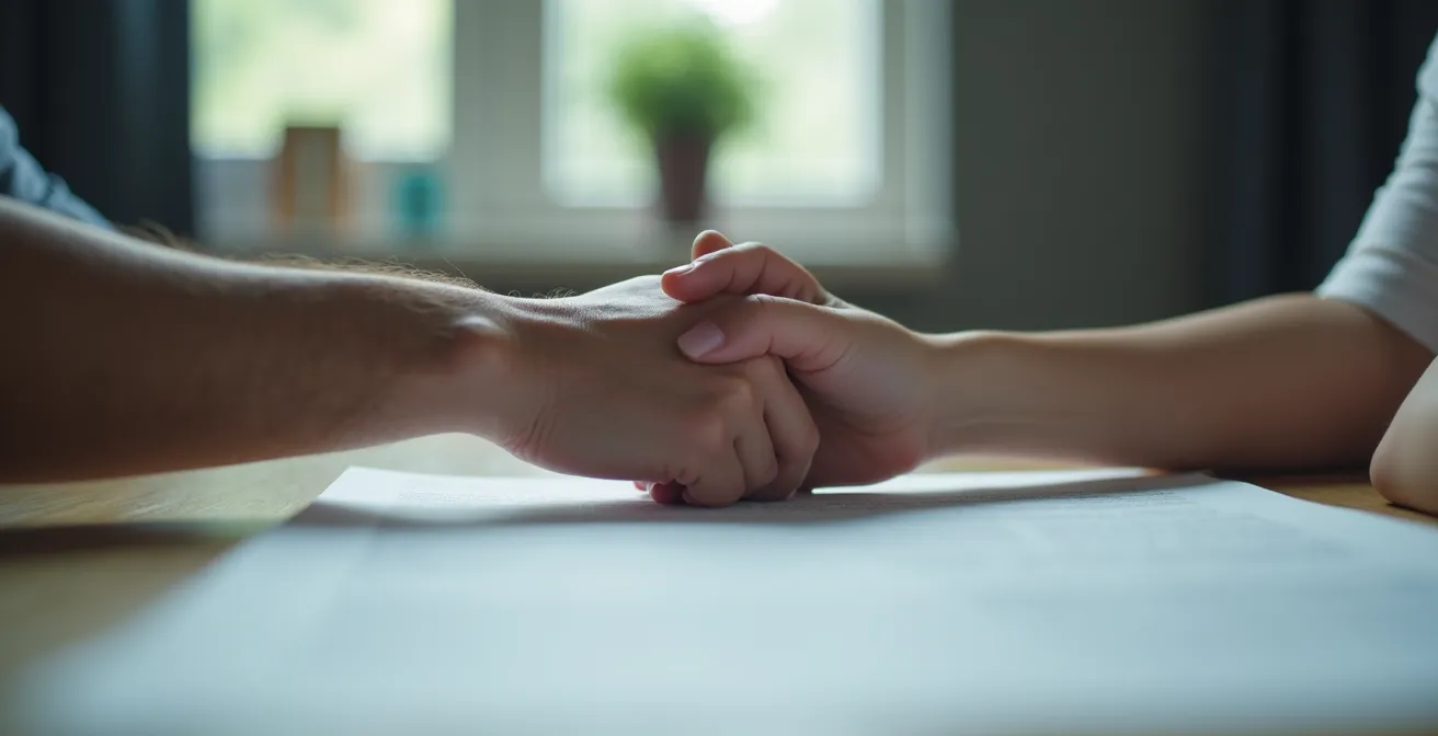Deux mains d'un parent et d'un adolescent qui se serrent devant un document signé, symbole d'un accord mutuel et d'une confiance établie.