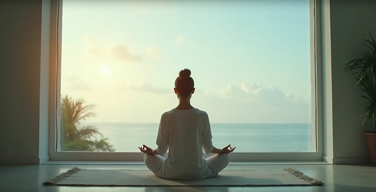 Personne en position de calme intérieur, respirant avec conscience au milieu d'un environnement serein et minimaliste