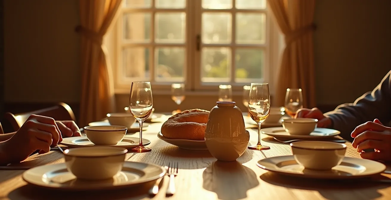 Table familiale avec couverts et aliments français traditionnels, lumière chaude dorée traversant la pièce