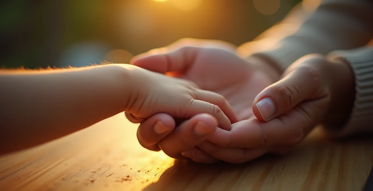 Gros plan texture d'une main parent et enfant se tenant ensemble dans un moment calme, lumière dorée naturelle, surface en bois clair, aucun texte visible