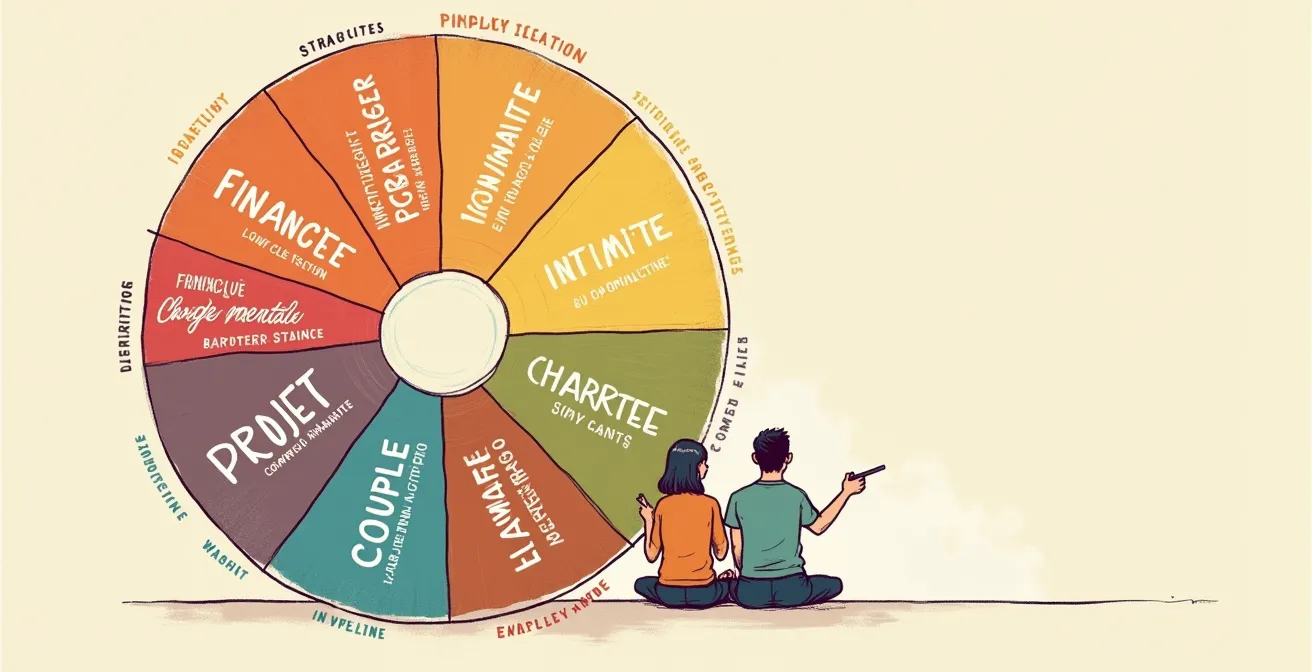 Une roue divisée en huit secteurs représentant différents domaines de la vie de couple : communication, intimité, finances, projets communs, charge mentale, bien-être individuel, harmonie familiale et vision partagée.