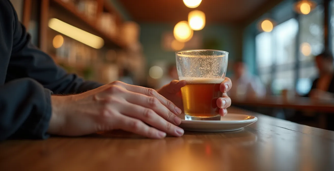 Close-up détaillé d'une main de femme efflerant délicatement la main d'un homme lors d'un moment de partage intimiste au café.