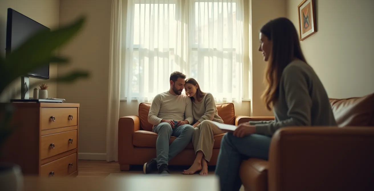 Un thérapeute écoutant attentivement un couple assis en face de lui dans un cabinet bienveillant, symbolisant la dynamique de la thérapie systémique.