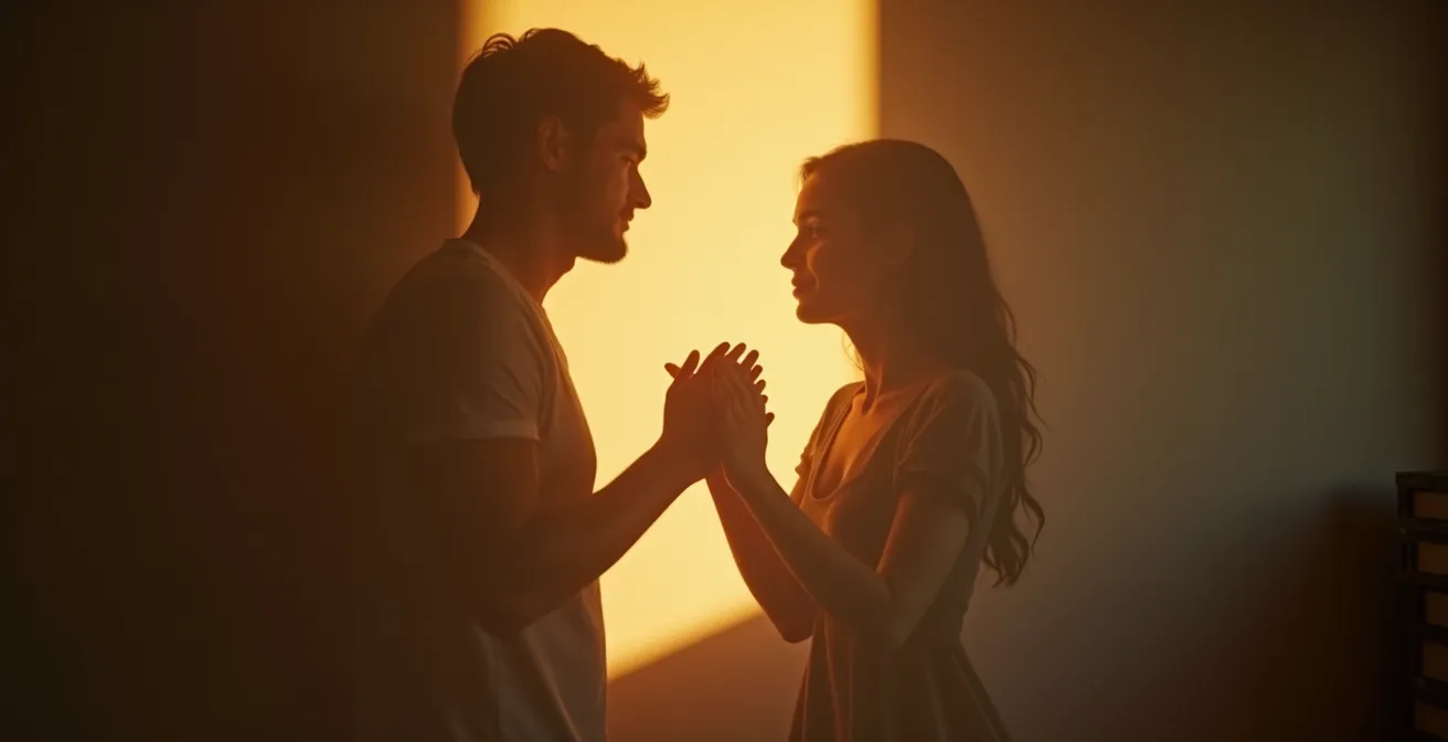 Photographie artistique suggérant l'intimité et la tendresse sensuelle entre deux adultes dans une lumière douce et ambiante.
