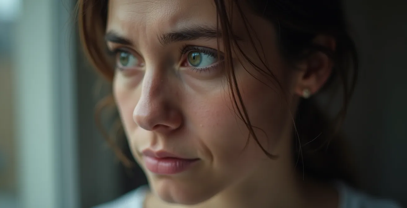 Visage d'un parent avec des signes de tension invisible, montrant la fatigue accumulée à travers l'expression du visage