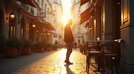 Portrait d'une personne seule en contemplation, dans une atmosphère urbaine parisienne minimaliste et apaisée