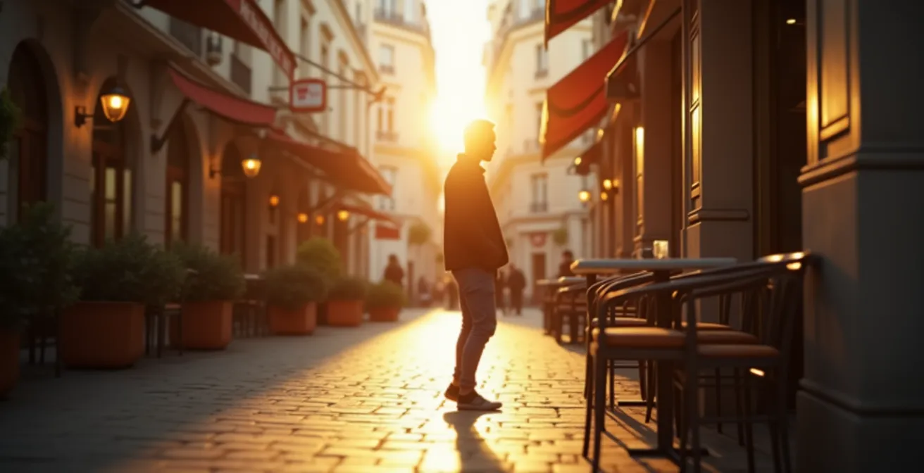 Portrait d'une personne seule en contemplation, dans une atmosphère urbaine parisienne minimaliste et apaisée
