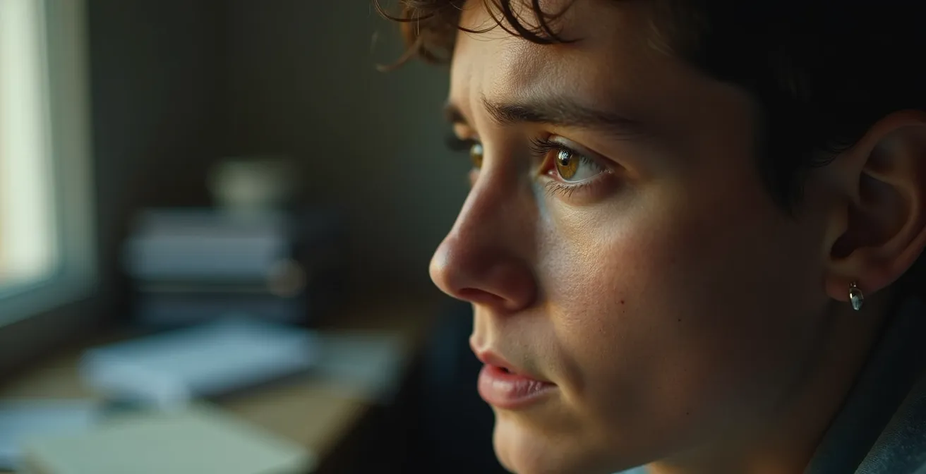 Gros plan sur le visage d'une personne avec une expression pensive intense, montrant intérieurement les couches de critique émotionnelle affectant son rapport aux autres.