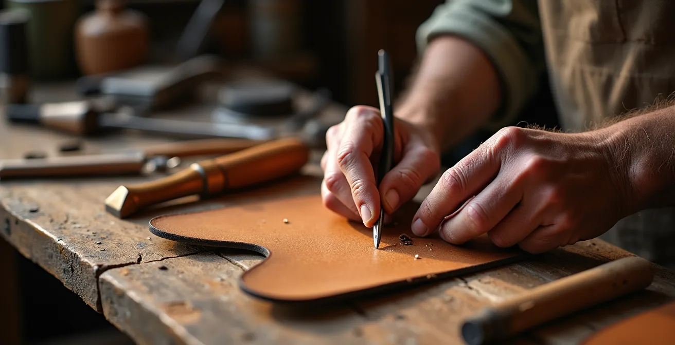 Mains d'artisan travaillant le cuir dans un atelier traditionnel français